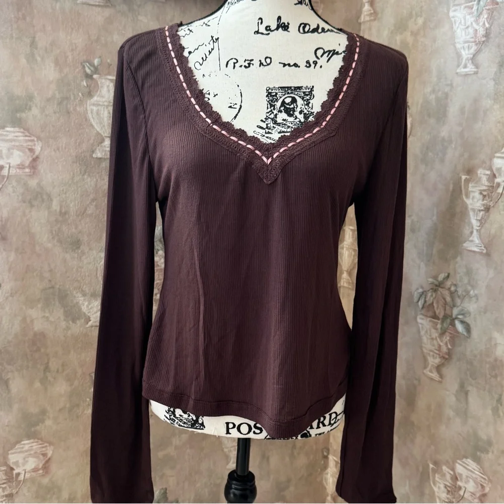 FREE PEOPLE ONLY YOU LONG SLEEVE TOP BROWN PINK SP